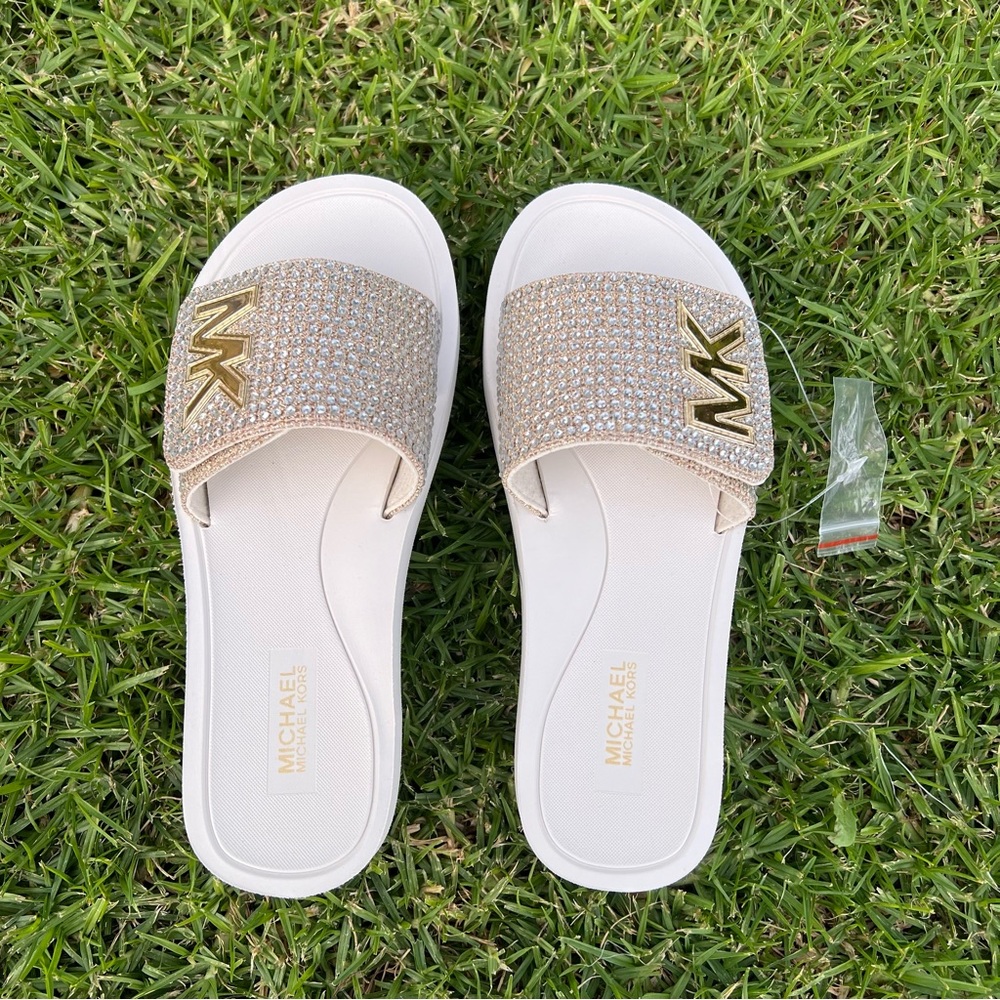MK Platform Slide Glitter Chain Mesh Gold 6M - Picture 3 of 8